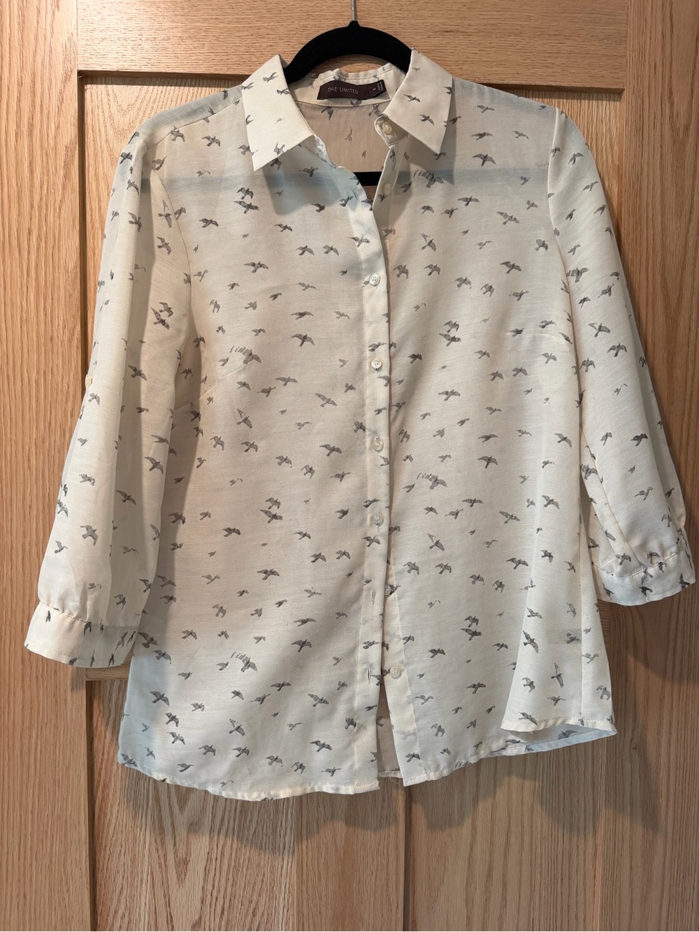 The Limited Cream Sheer Button-Down Blouse with Gray Bird Print